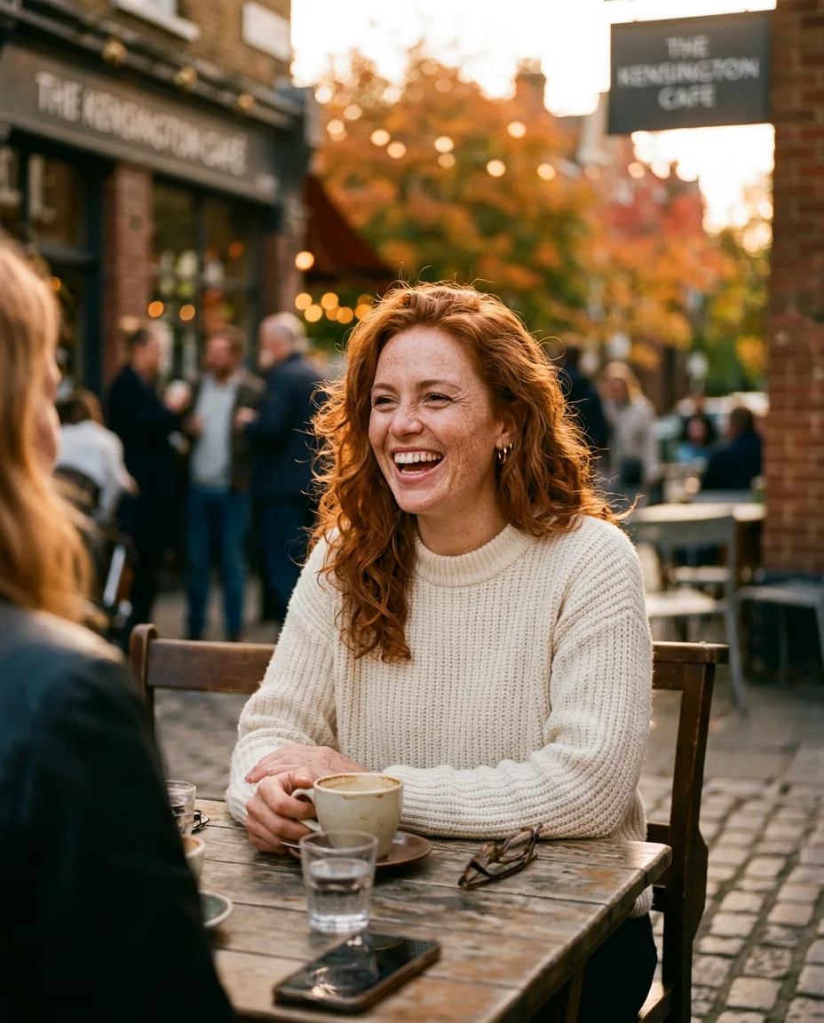 Woman with long red hair laughing at a café
