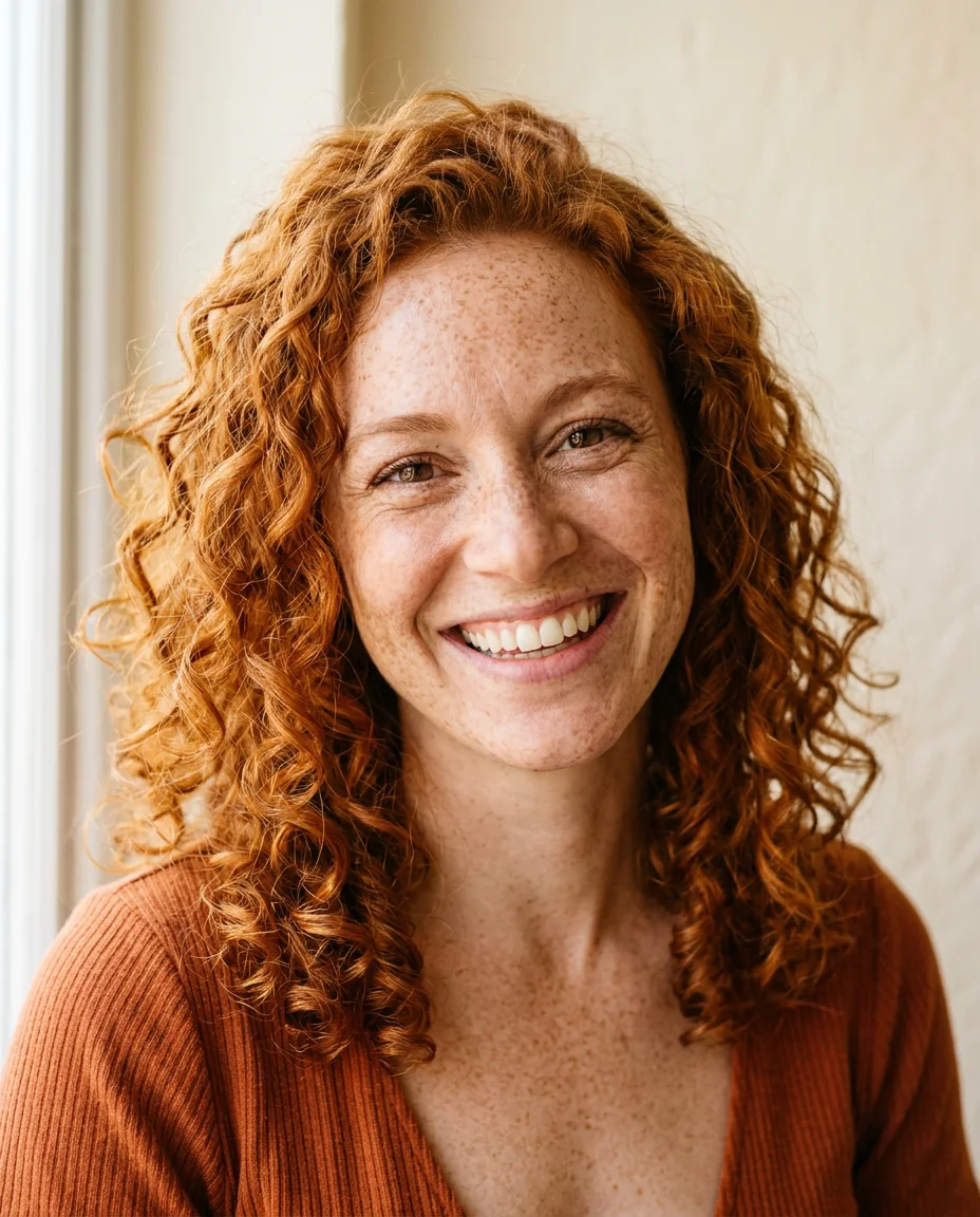 Smiling woman with curly ginger hair