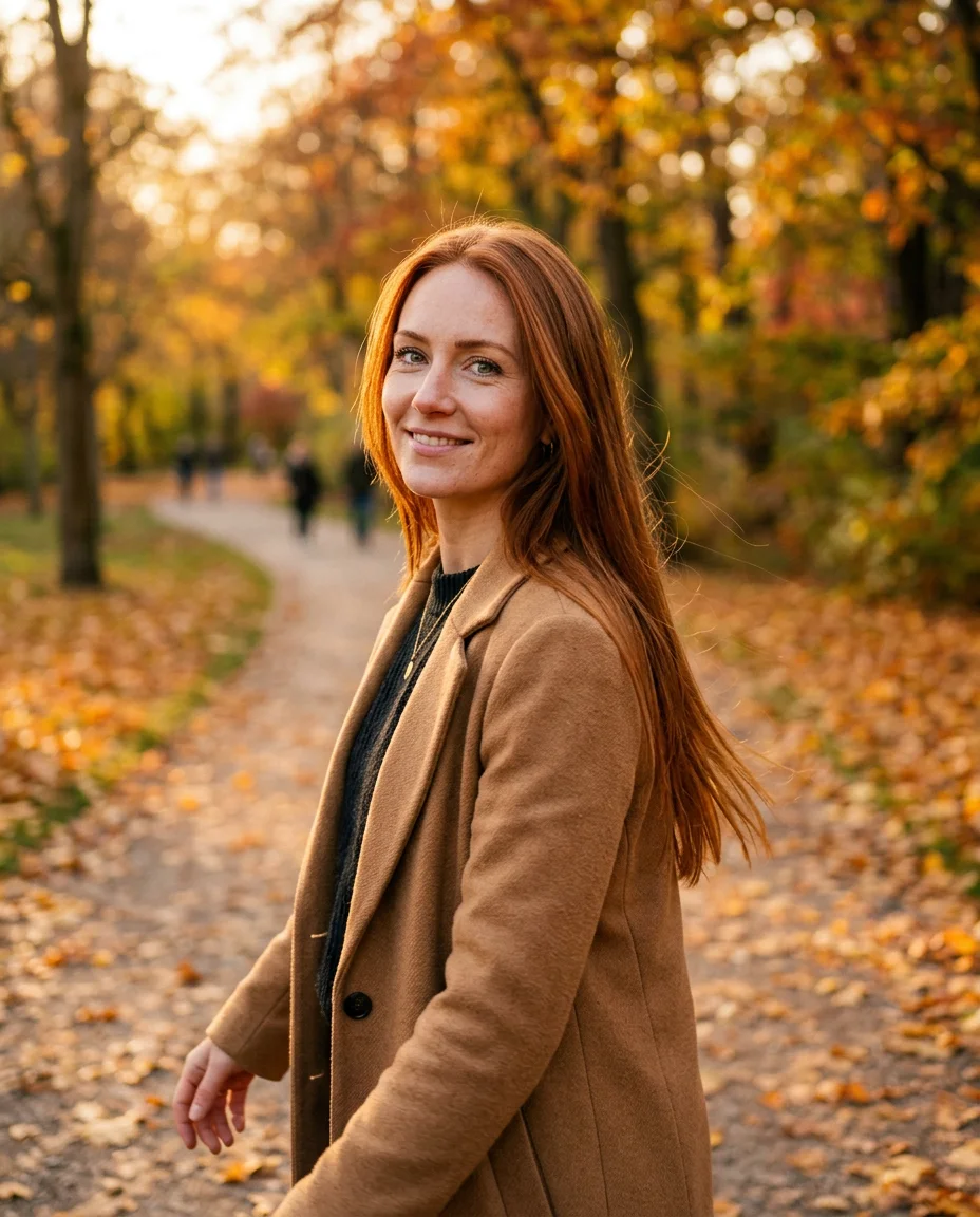 Woman with auburn hair in an autumn park
