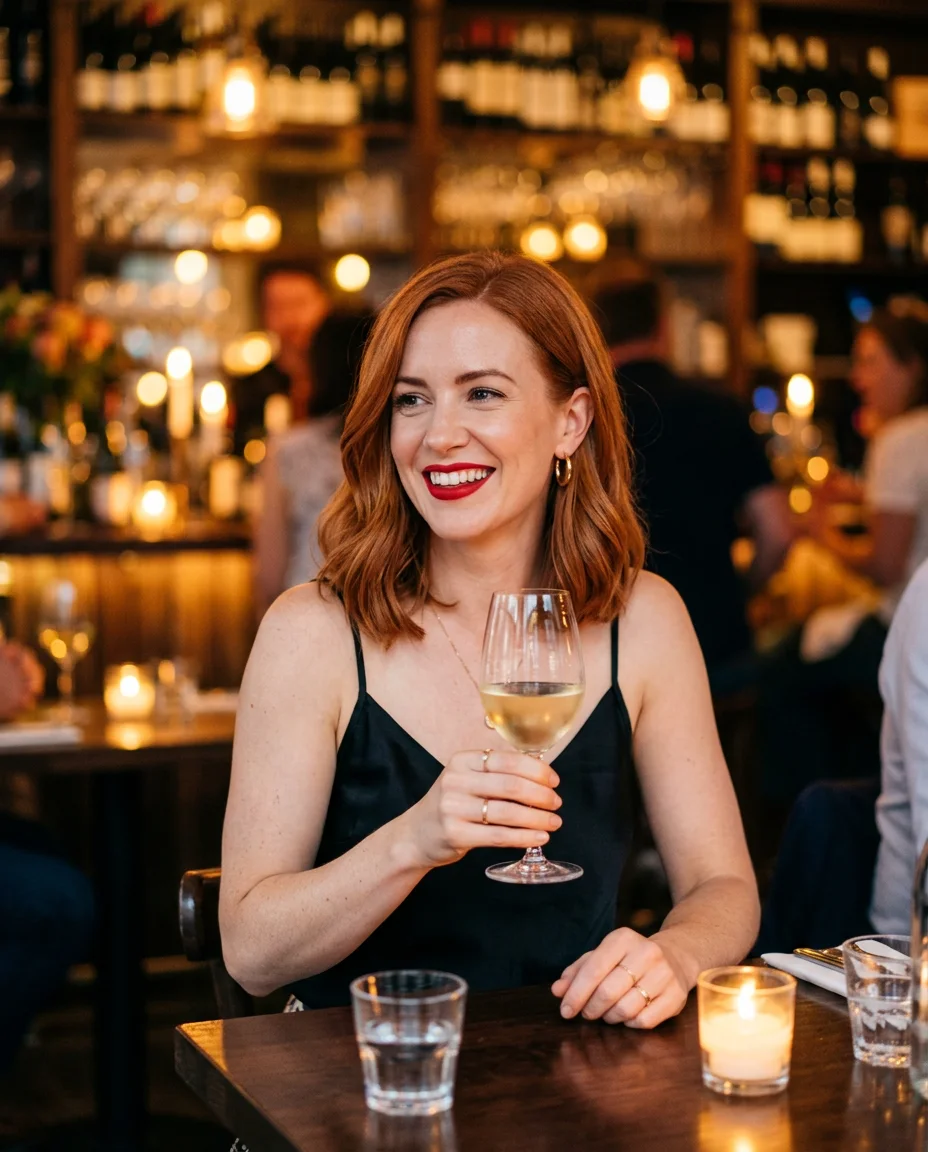 Woman with a copper bob at a wine bar