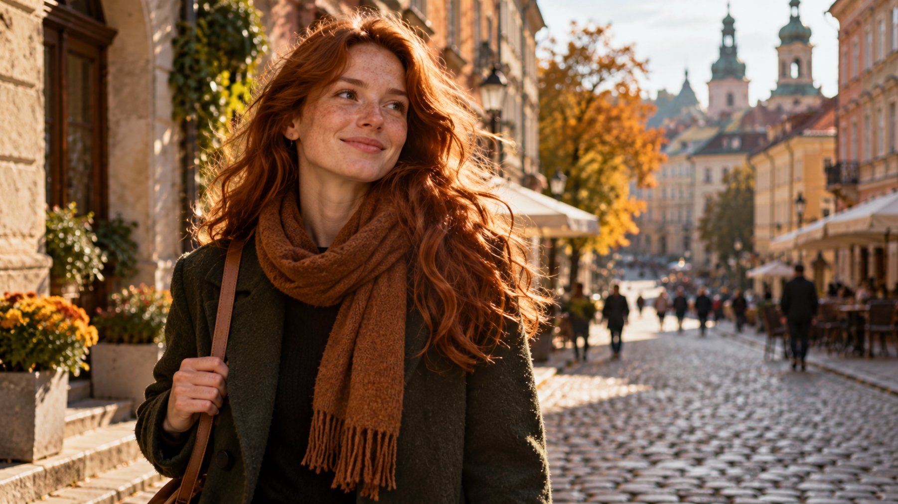Red-haired Ukrainian woman Red-haired woman in a scarf walking down a cobbled street in an Eastern European old town
